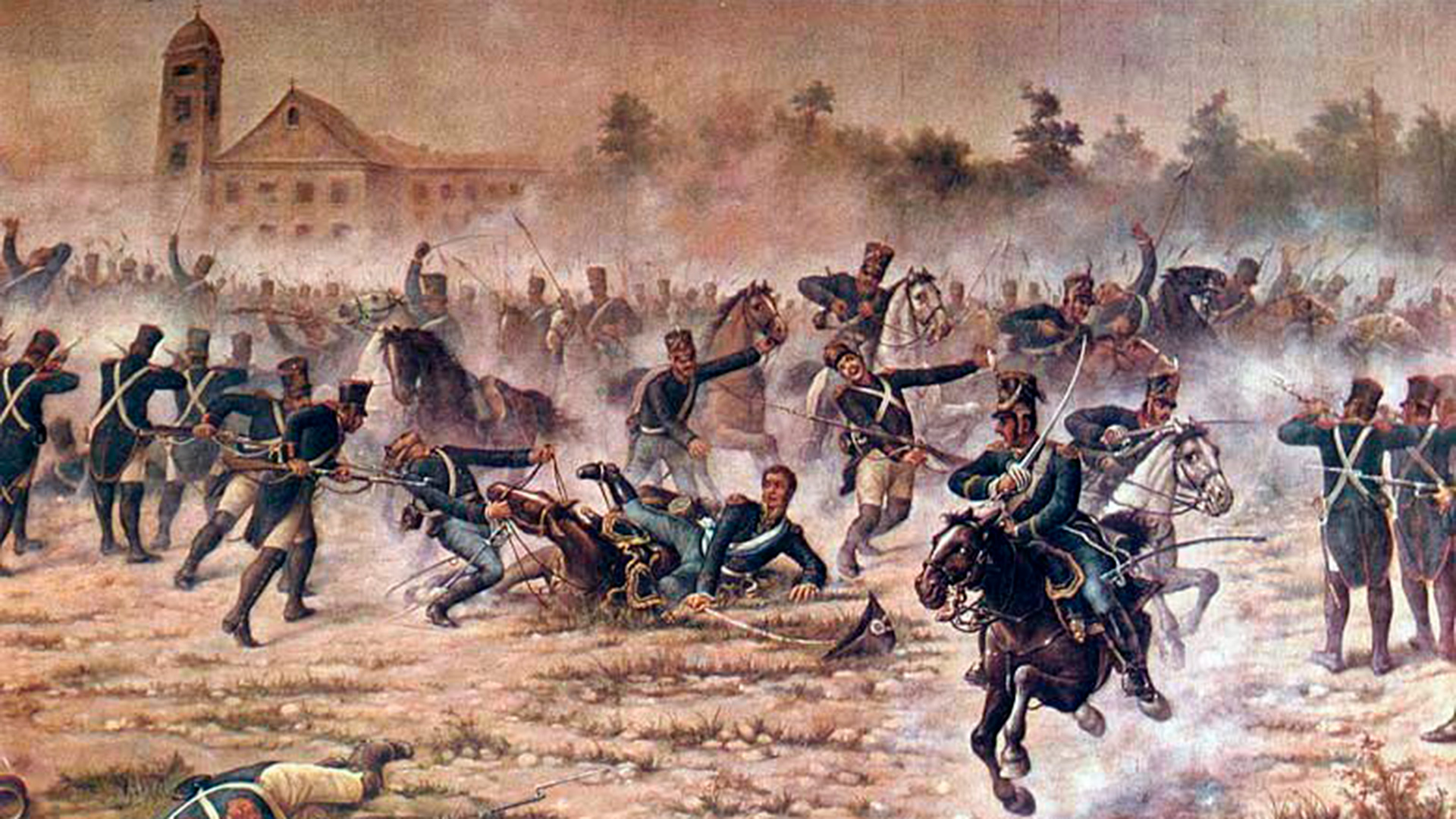 Una de las escenas más dramáticas: San Martín aprisionado por el cuerpo de su caballo muerto, y un enjambre de españoles alrededor