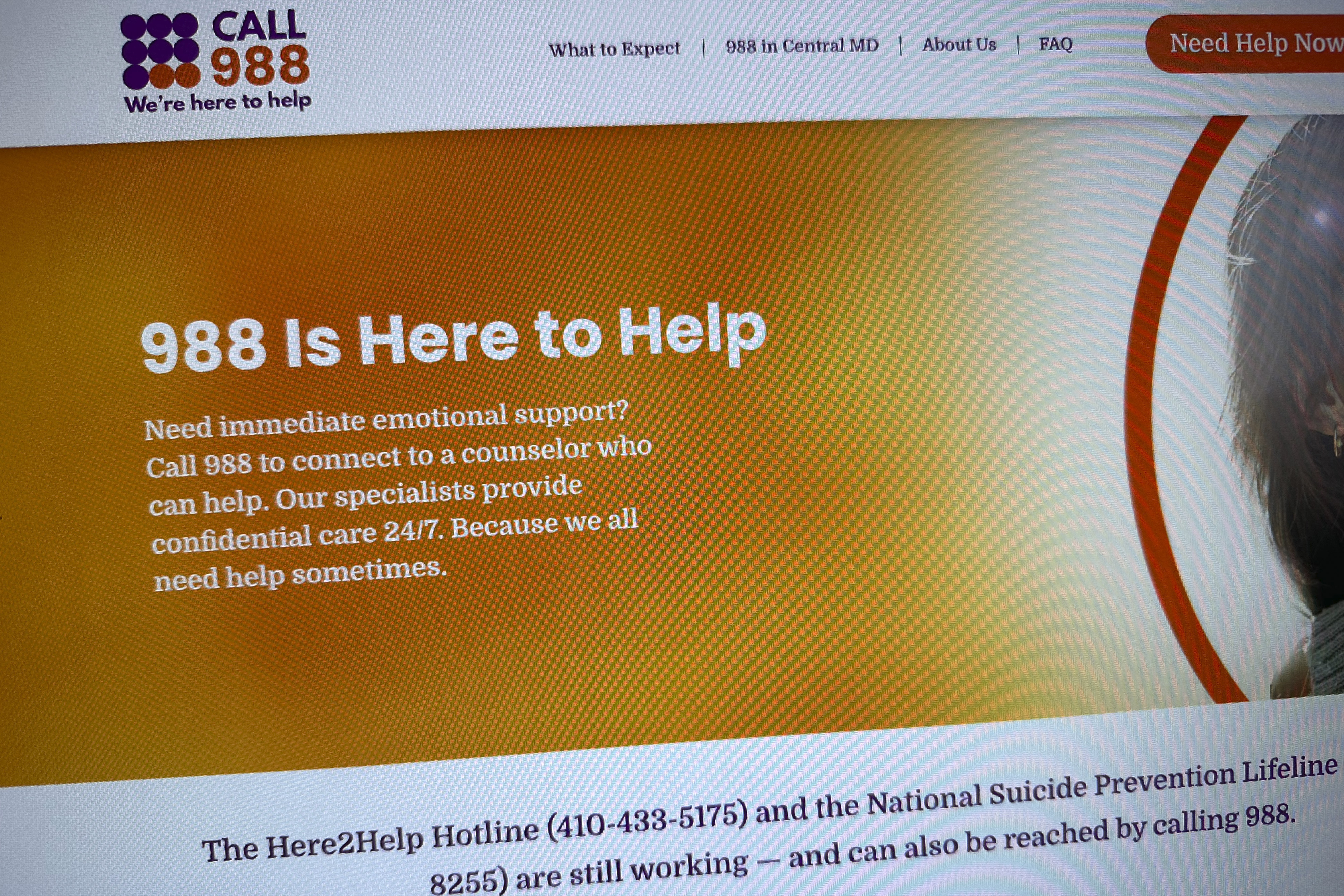 This photo shows the 988helpline.org website that offers psychological support, Friday, Feb. 3, 2023. (AP Photo/Jon Elswick
