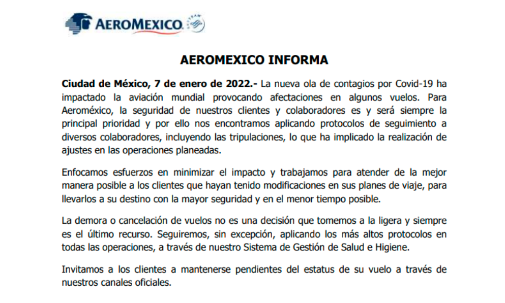 De acuerdo con un comunicado de Aeromexico, la aerolíneas realiza todos sus esfuerzos para minimizar las afectaciones a  sus clientes. (Foto: @Aeromexico)