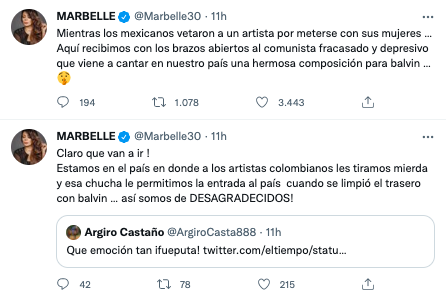 Enquanto a notícia do possível show de Residente na Colômbia foi confirmada, o artista atacou o porto-riquenho nas redes sociais.  Retirado do Twitter @Marbelle30