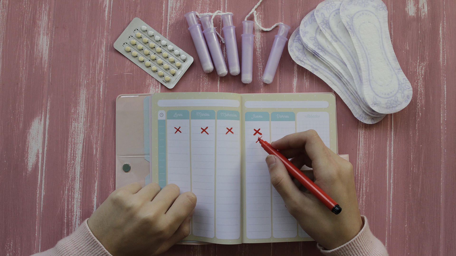 Menstrual Control. Woman organizing menstrual control, with schedule, sanitary pads, birth pills and tampons