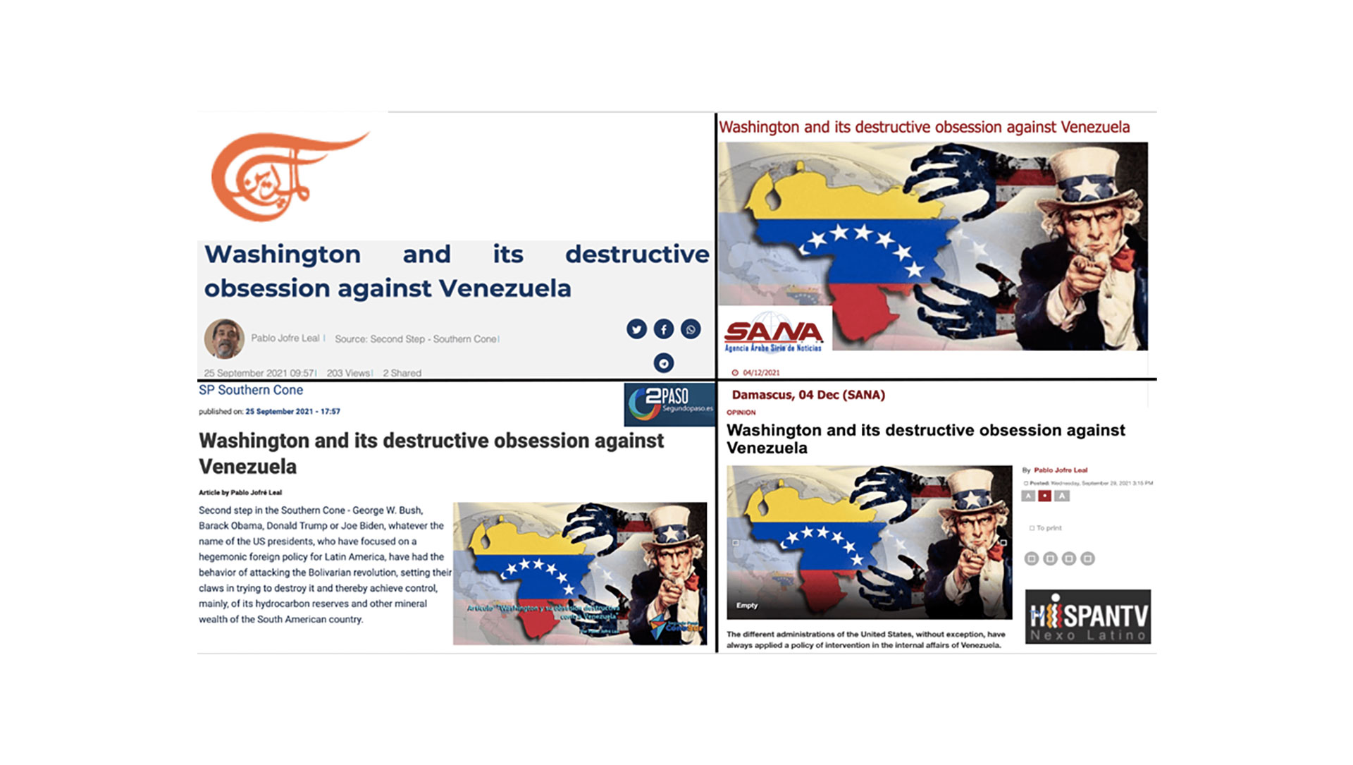 Los 4 artículos de desinformación idénticos escritos por Pablo Jofre Leal y publicados por los medios iraníes Al Mayadeen, SANA, hispanTV y SegundoPaso (Recorded Future)
