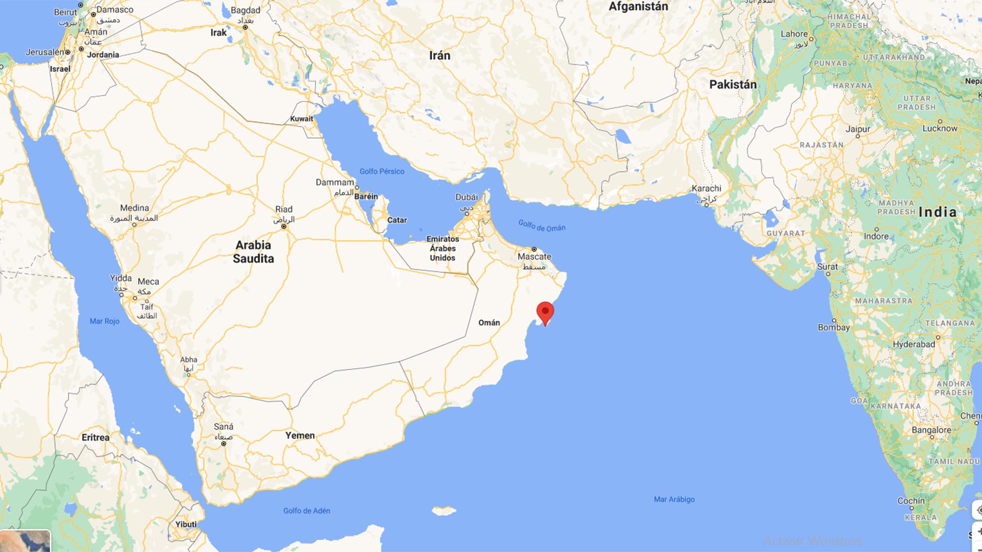 El lugar del ataque contra el carguero de propiedad israelí, sobre las costas de Oman