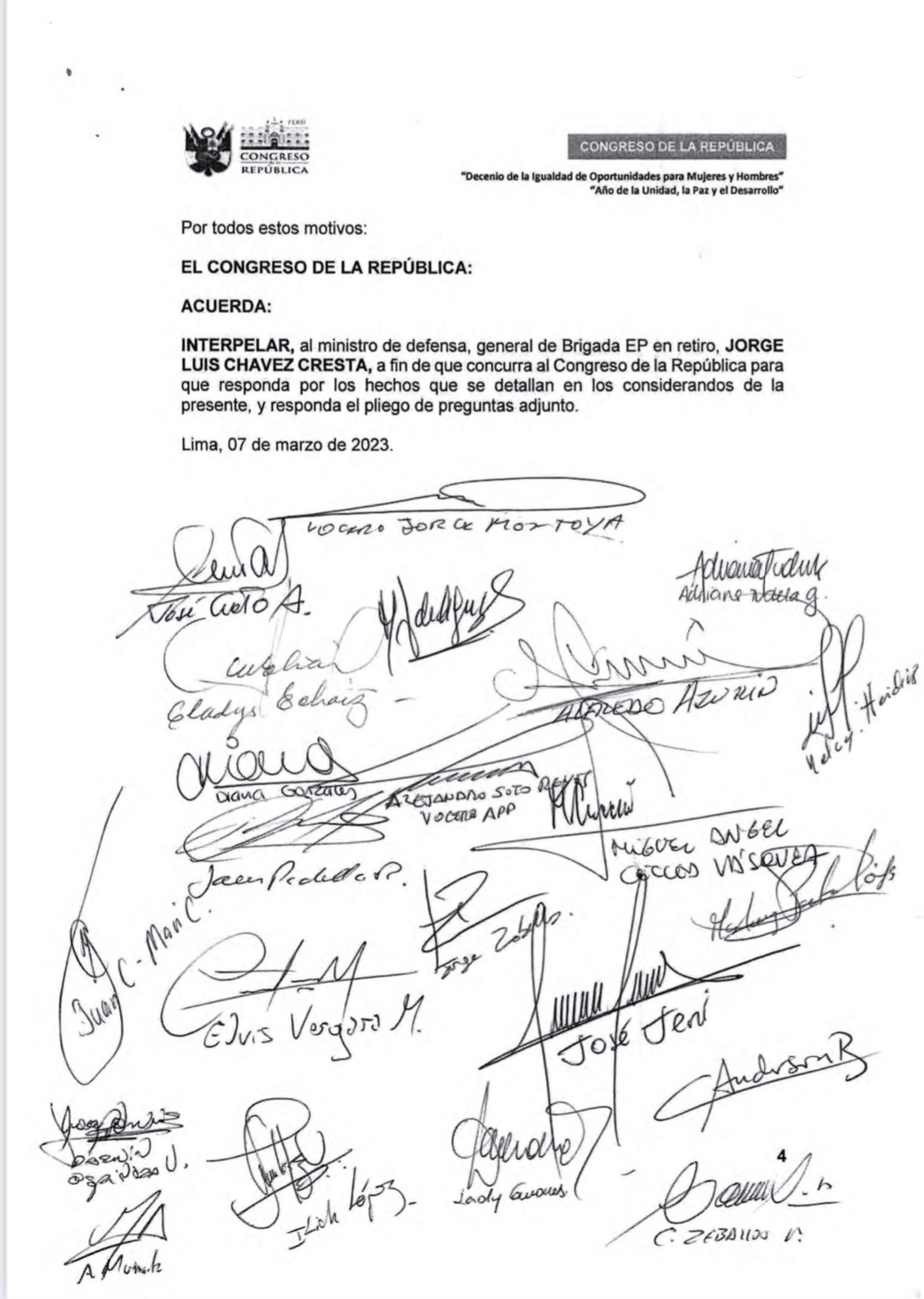 Moción de interpelación contra el ministro de Defensa, Jorge Chavez Cresta.