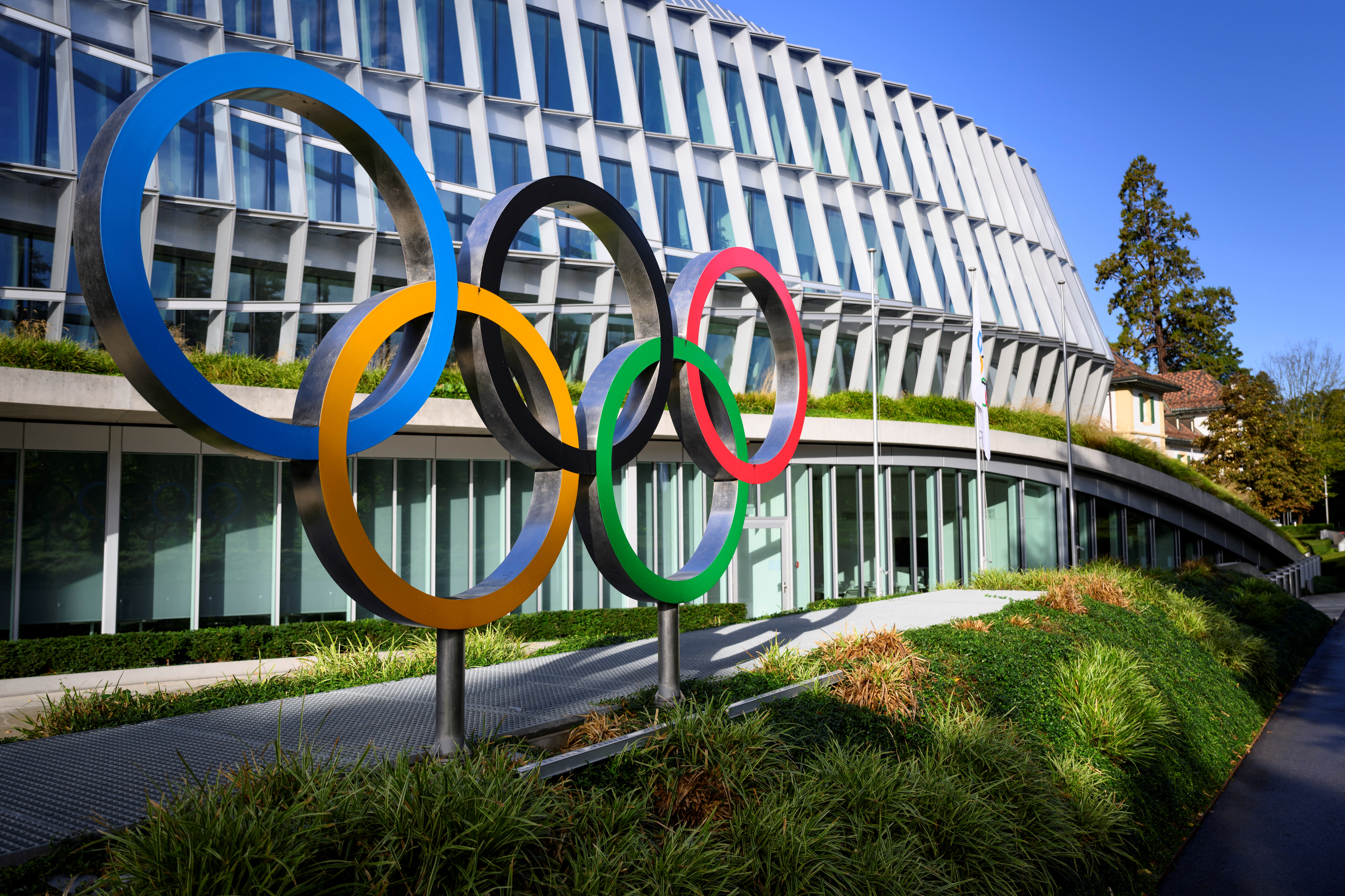 Olympic Rings are pictured in front of The Olympic House, headquarters of the International Olympic Committee (IOC) at the opening of the executive board meeting of the International Olympic Committee (IOC), in Lausanne, Switzerland September 8, 2022.Laurent Gillieron/Pool via REUTERS