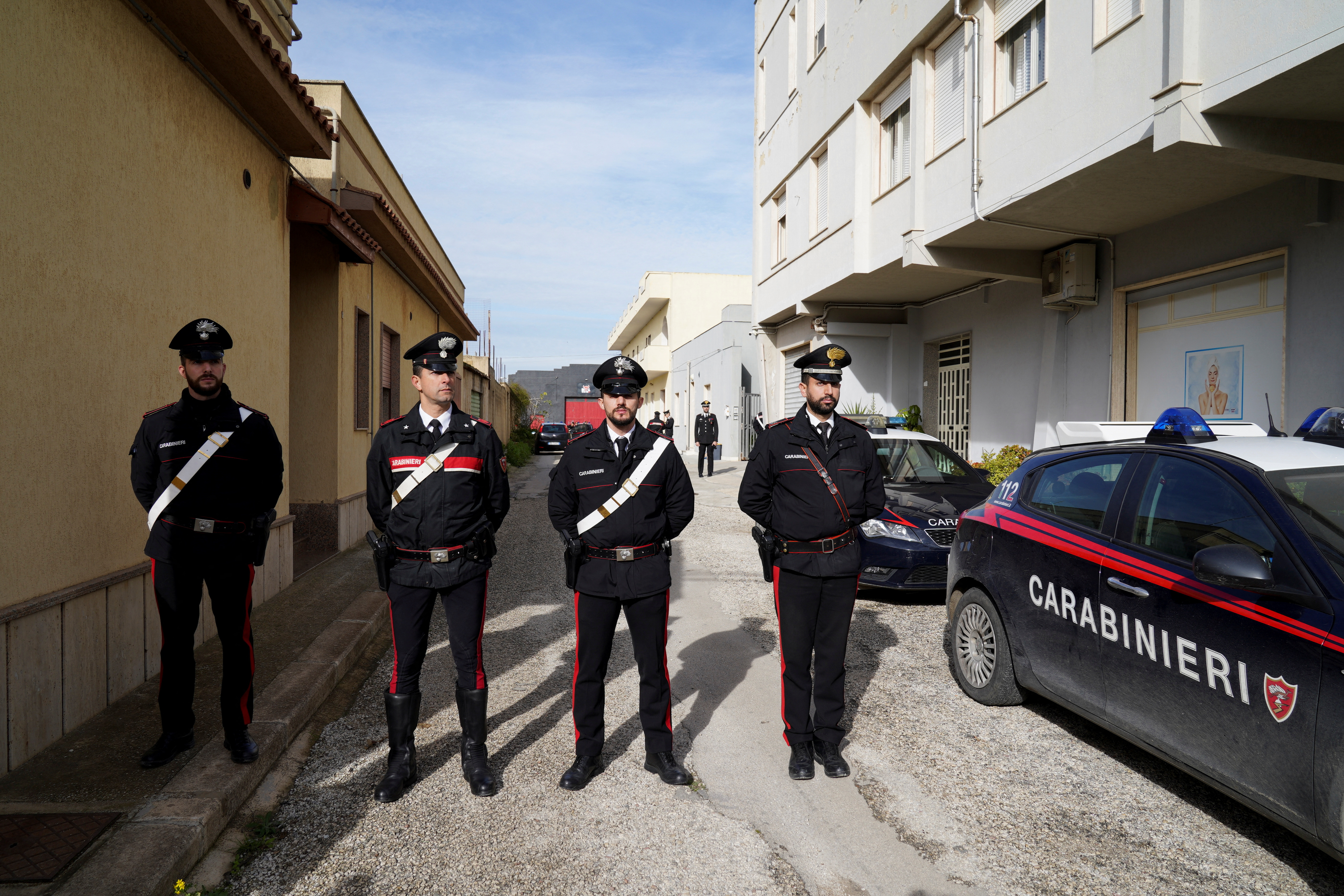 Carabinieri police stand guard near the hideout of Matteo Messina Tenaro, Italy's most wanted mafia boss
