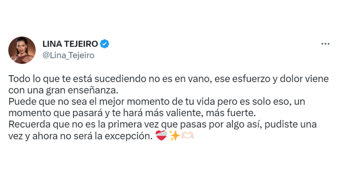 Through her Twitter account, the actress published a message that raised the suspicion that it would be a hint for her ex-partner Andy Rivera.  Credit: Lina_Tejeiro / Twitter