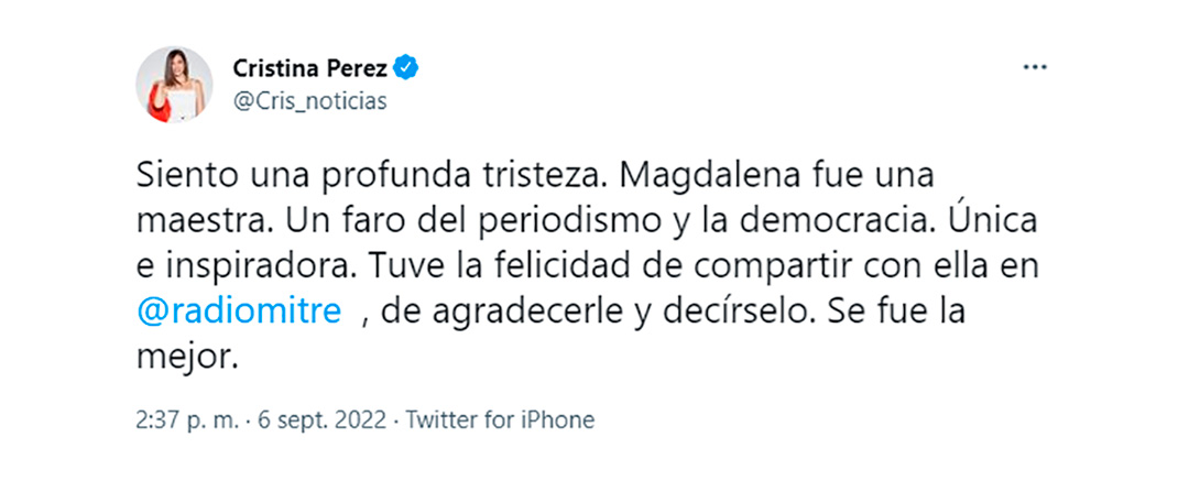 El recuerdo de Cristina Pérez para Magdalena Ruiz Guiñazú