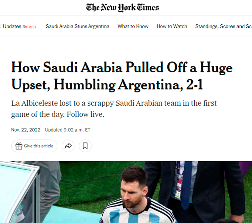El mundo, sorprendido. Argentina inició su camino en Qatar con una derrota por 2 a 1 contra Arabia Saudita 