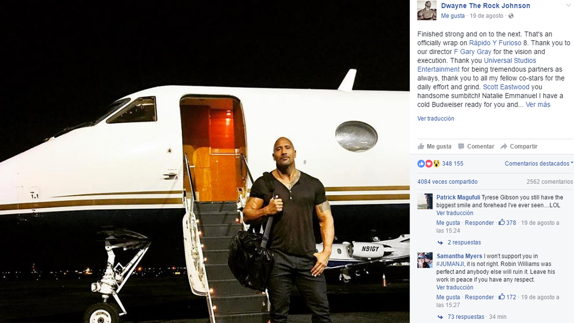 Mensaje de agradecimiento de Dwayne Johnson a la producción de "Rápidos y Furiosos sin control", en la que al parecer no tuvo en cuenta a su colega Vin Diesel. Captura de pantalla Facebook.