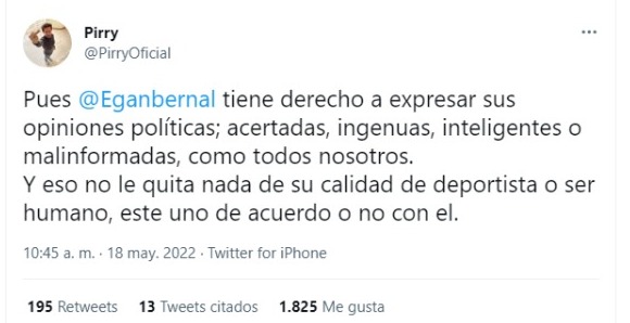 Pirry defiende el hecho de que Egan Bernal quiera votar por Federico Gutiérrez.
Pantallazo de Twitter