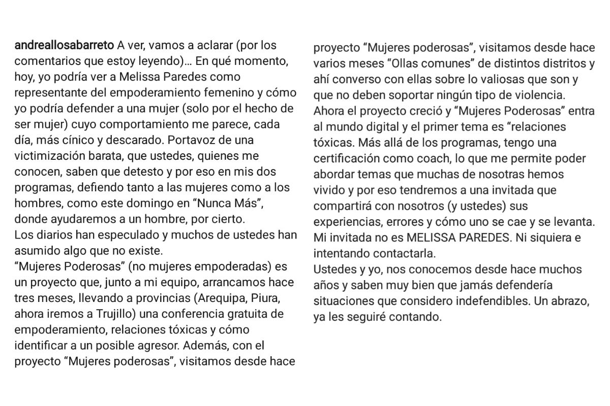Andrea Llosa desmiente haber entrevistado a Melissa Paredes: “Detesto la  victimización barata” - Infobae