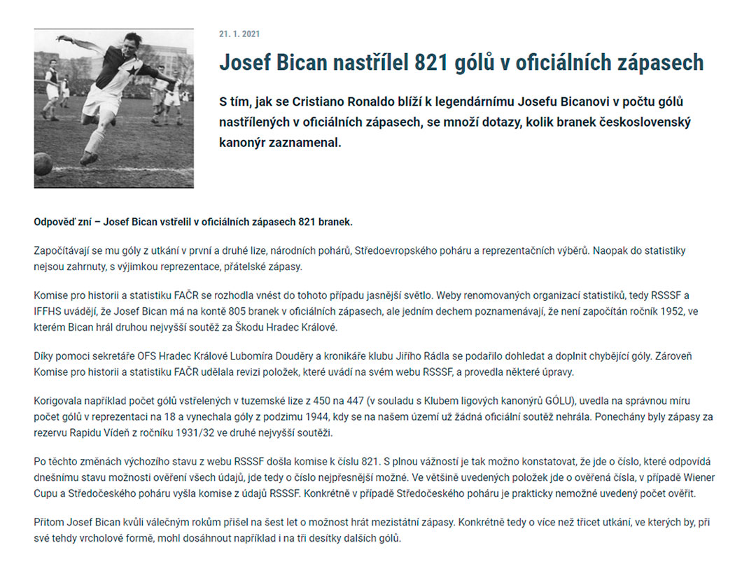 El artículo de la Federación checa que afirma que Cristiano Ronaldo aún no alcanzó a Josef Bican como máximo goleador de la historia