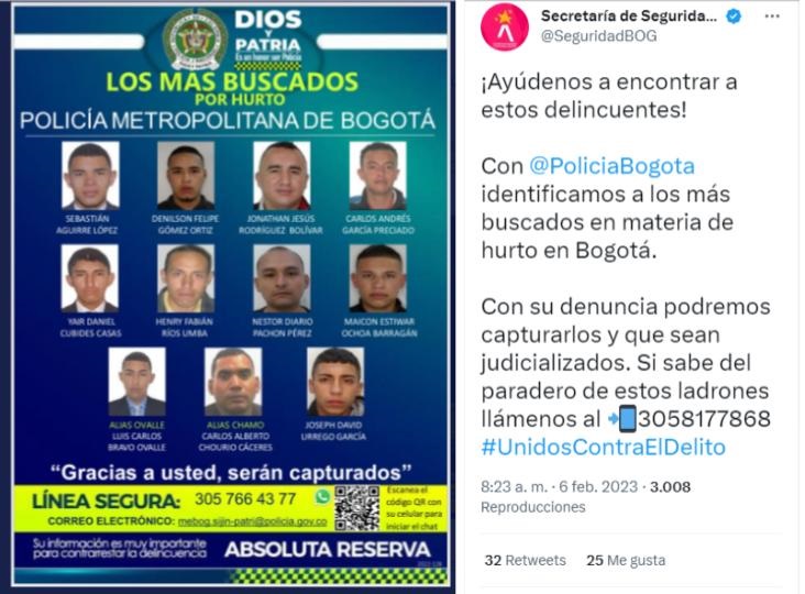 La Secretaría de Seguridad y la Policía Metropolitana de Bogotá detallaron los sujetos más buscados por las autoridades en 2023. 
Cortesía: Secretaría de Seguridad.