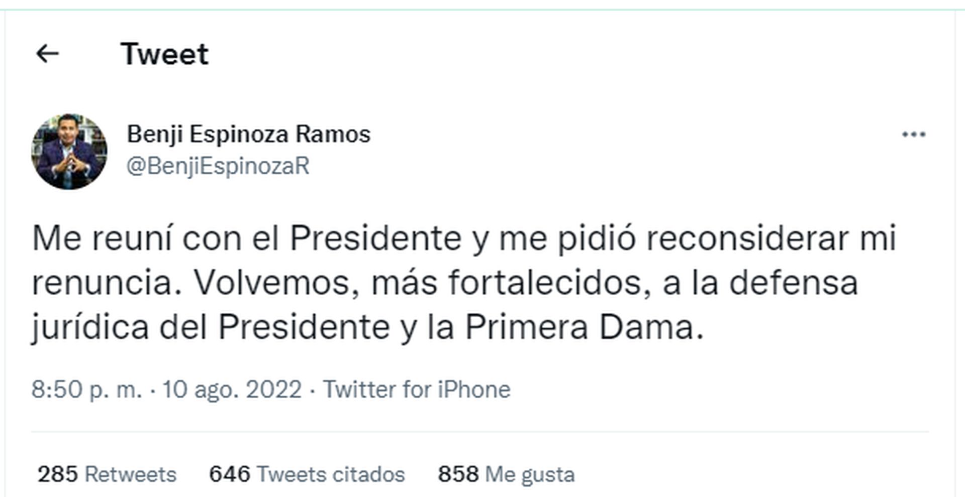Tuit de Benji Espinoza