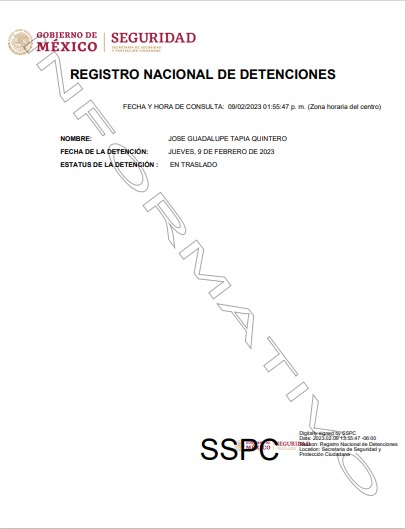 Lupe Tapia fue trasladado a la CDMX tras su detención en Sinaloa (Foto: Registro Nacional de Detenciones)