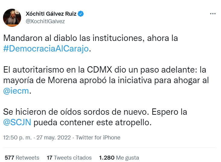 La panista señaló que la iniciativa tiene como objetivo ahogar al Instituto Electoral capitalino (Foto: Twitter/@XochitlGalvez)