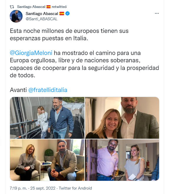 El mensaje publicado por el líder de Vox en España, Santiago Abascal