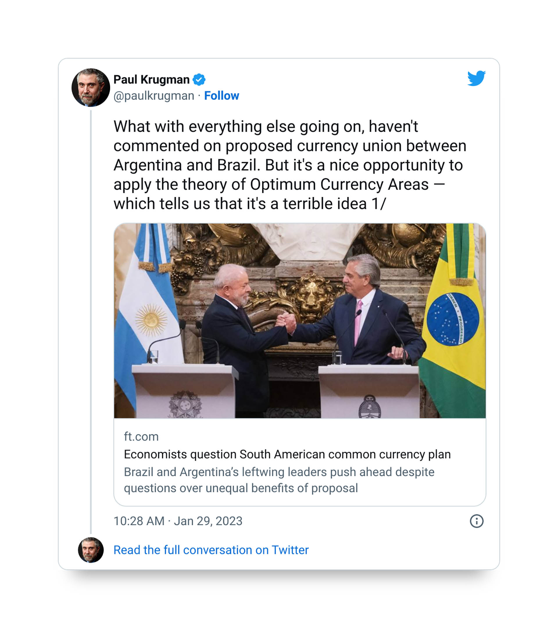 El tuit de Paul Krugman sobre la moneda común entre Brasil y la Argentina