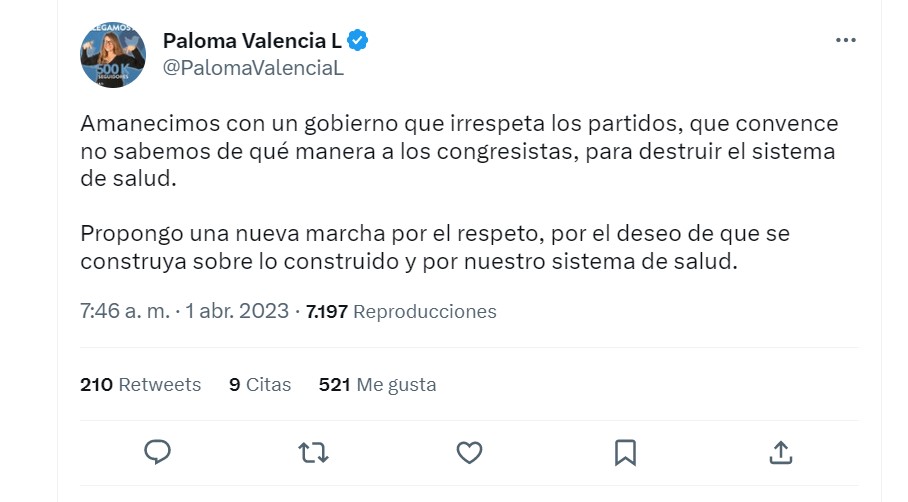 Paloma Valencia convoca marchas contra Petro.