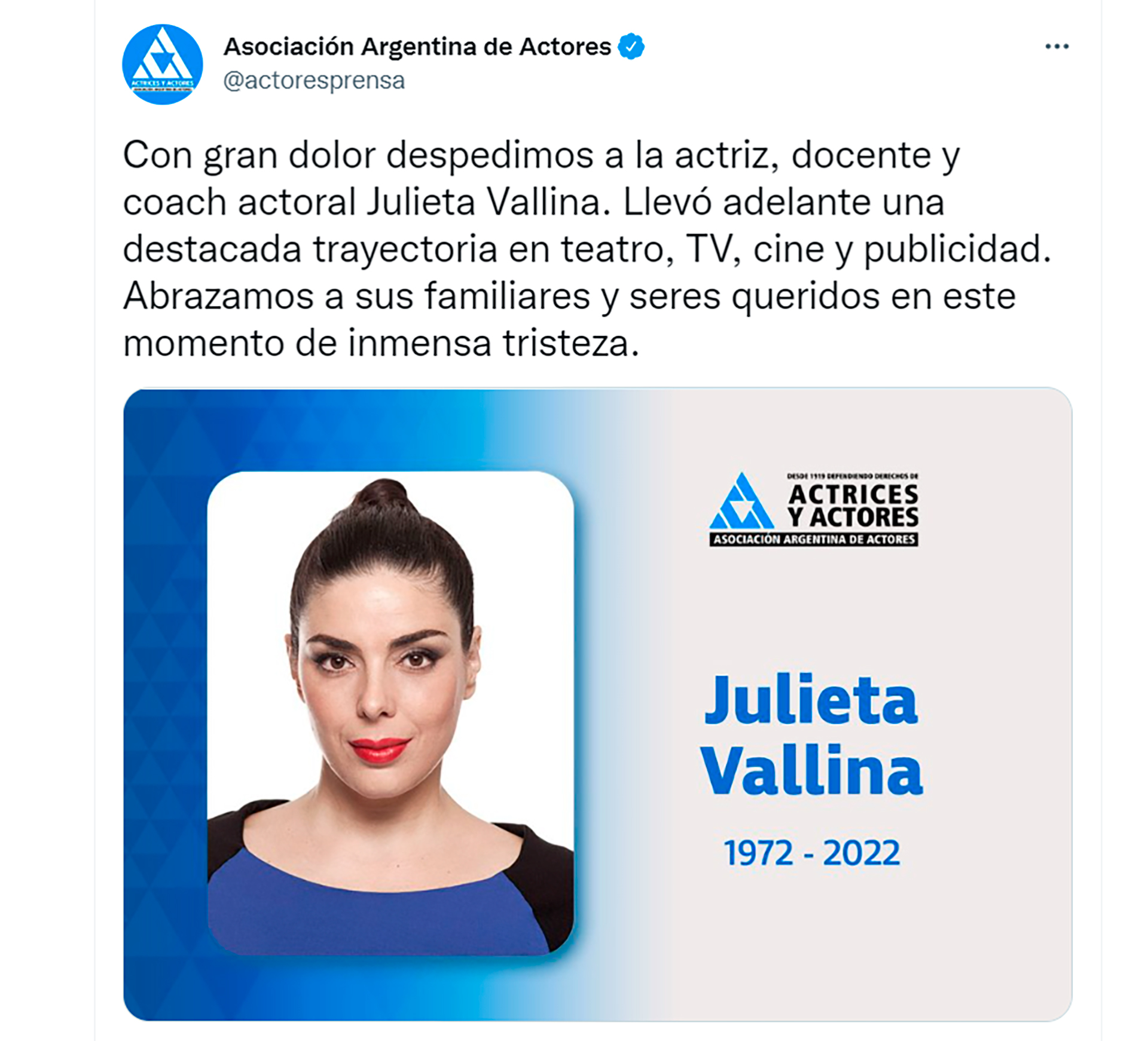 El comunicado de Actores sobre Julieta Vallina