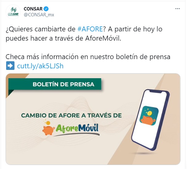 El trámite es gratuito y libre para cualquier trabajador que desee cambiar de AFORE. (Foto: captura de pantalla Twitter @CONSAR_mx)