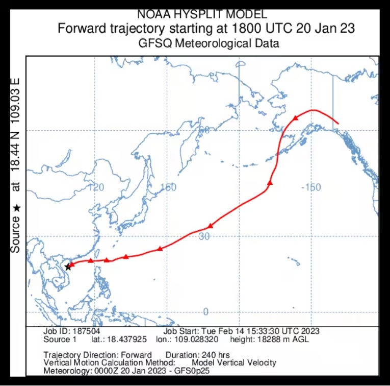 Trayectoria de un modelo informático elaborado por The Washington Post de las corrientes de aire procedentes de Hainan (China) el 20 de enero a una altitud aproximada de 60.000 pies. El modelo proyecta la trayectoria ocho días en el futuro. Cada triángulo de la línea roja marca un día. (Imagen de Washington Post/NOAA)