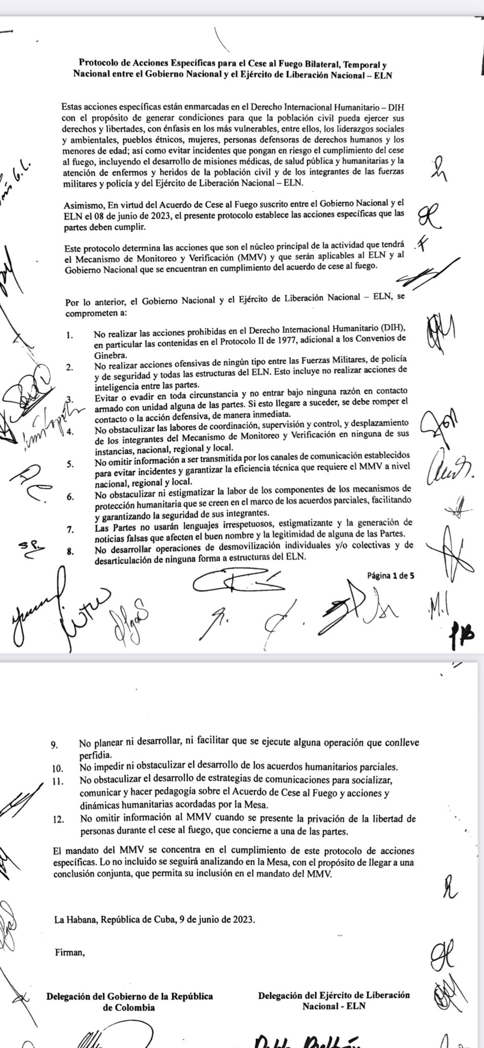 Acuerdo de cese al fuego en la mesa de conversaciones de La Habana, entre el Gobierno y el ELN