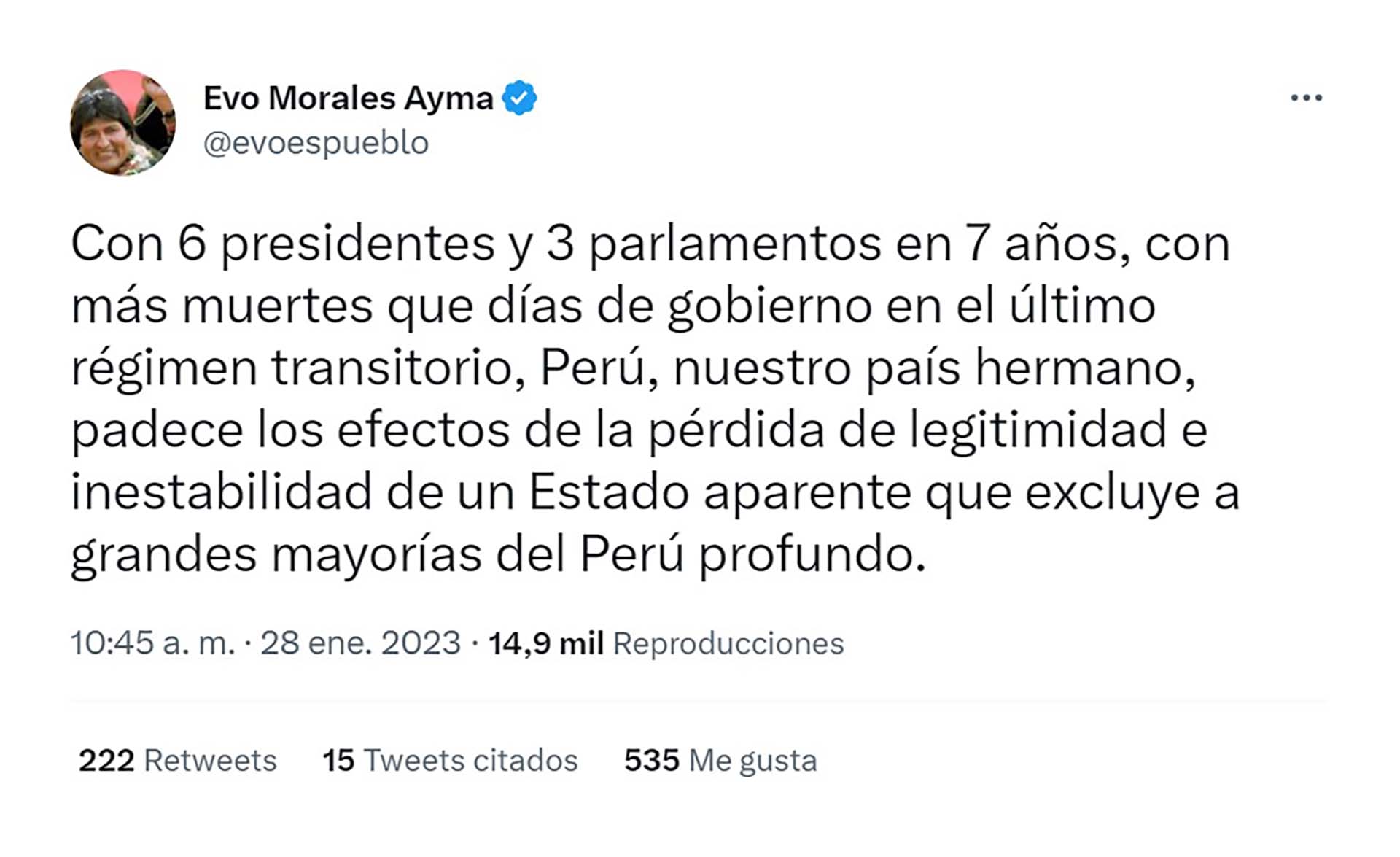 El tuit de Evo Morales sobre la crisis en Perú