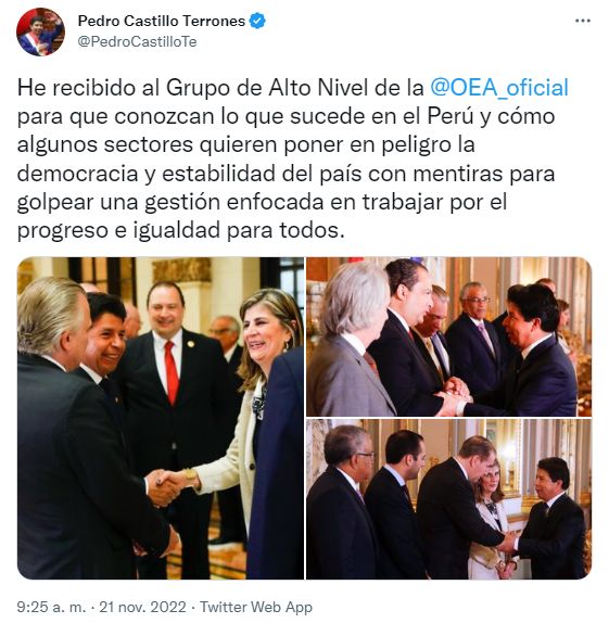 Tuit de Pedro Castillo sobre la misión de la OEA en el Perú