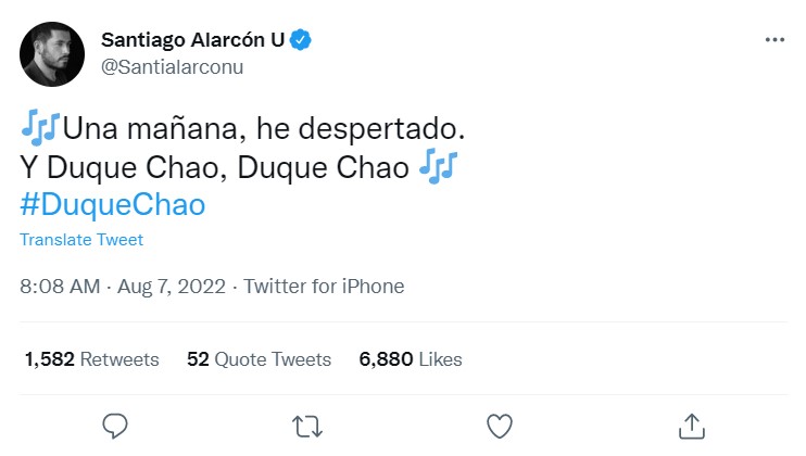 Santiago Alarcón reacciona al final del reinado de Iván Duque.  Foto: Twitter