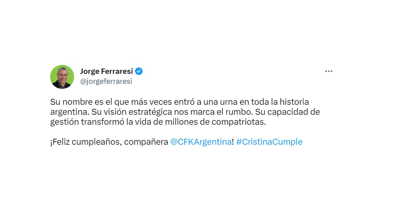 El saludo de Jorge Ferraresi para Cristina Kirchner
