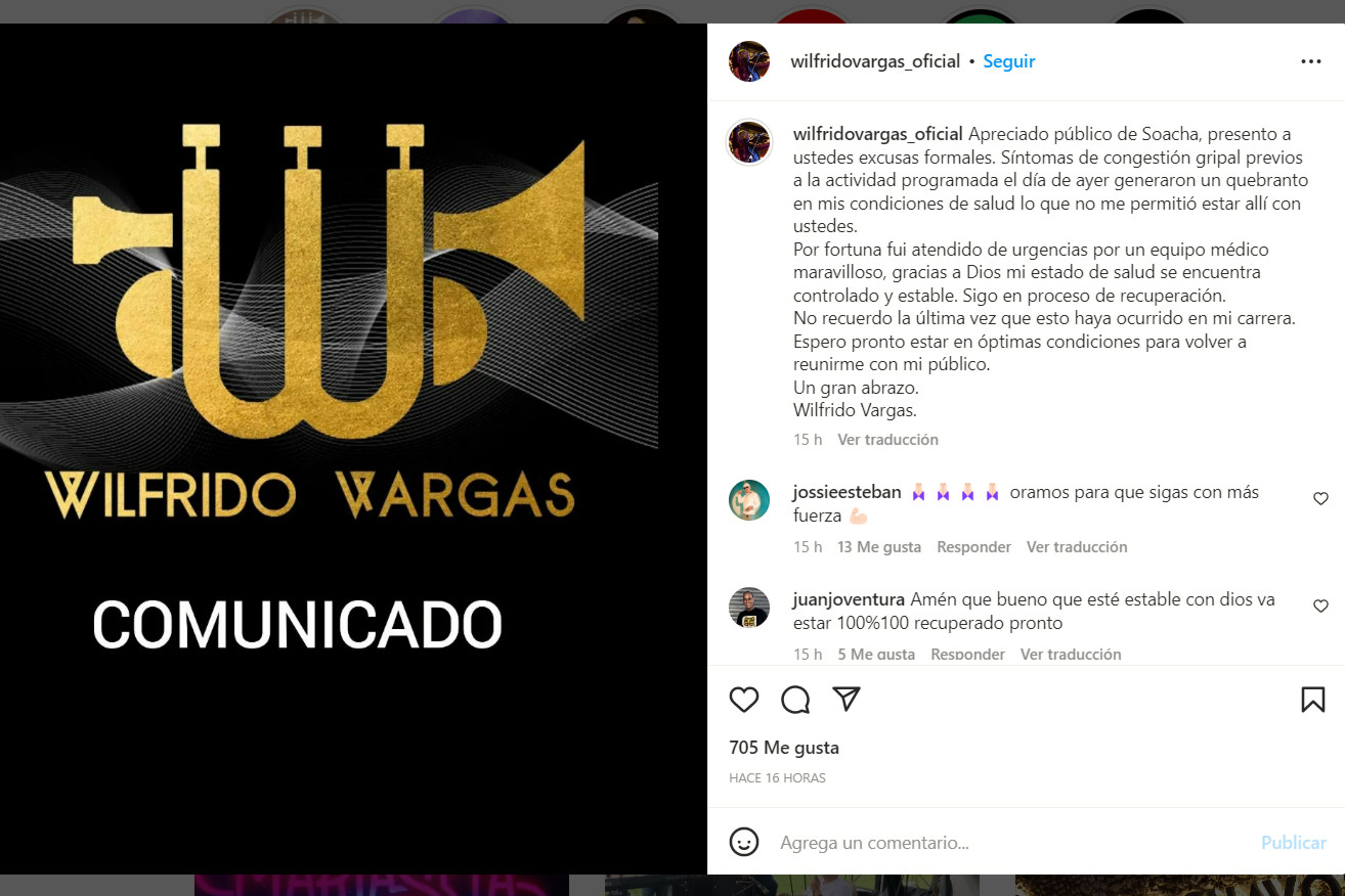 El cantante dominicano anunció a sus seguidores el motivo por el que no pudo asistir al concierto en Soacha