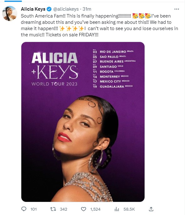 Alicia Keys anuncia visita a México Foto: Twitter @aliciakeys
