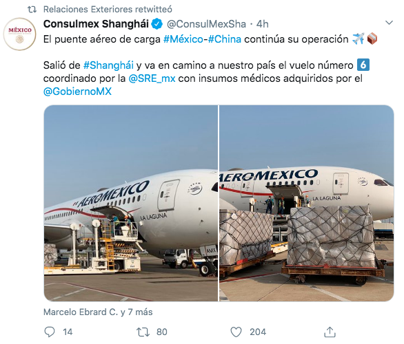 Mensaje en la cuenta de Twitter del Consulado Mexicano en Shanghái (@ConsulMexSha)