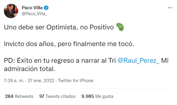 Paco Villa enfermó de COVID-19 (Foto: Twitter/@Paco_Villa_)