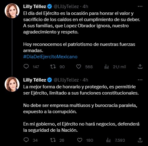 La senadora aseguró que limitará las funciones constitucionales del ejército, en caso de ser electa como presidenta (Twitter/@LillyTéllez)