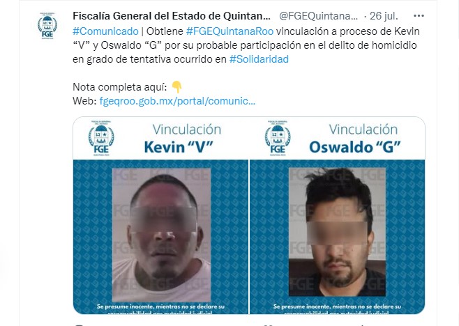 Dos hombres más fueron detenidos y vinculados a proceso por los hechos violentos ocurridos el pasado sábado 23 de julio en Playa del Carmen (Foto: Twitter / @FGEQuintanaRoo)