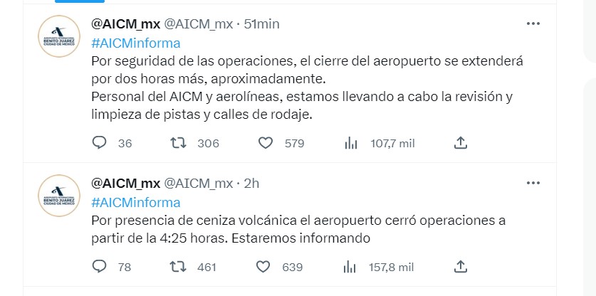 El AICM suspendió operaciones por presencia de ceniza del volcán Popocatépetl (Captura de pantalla)