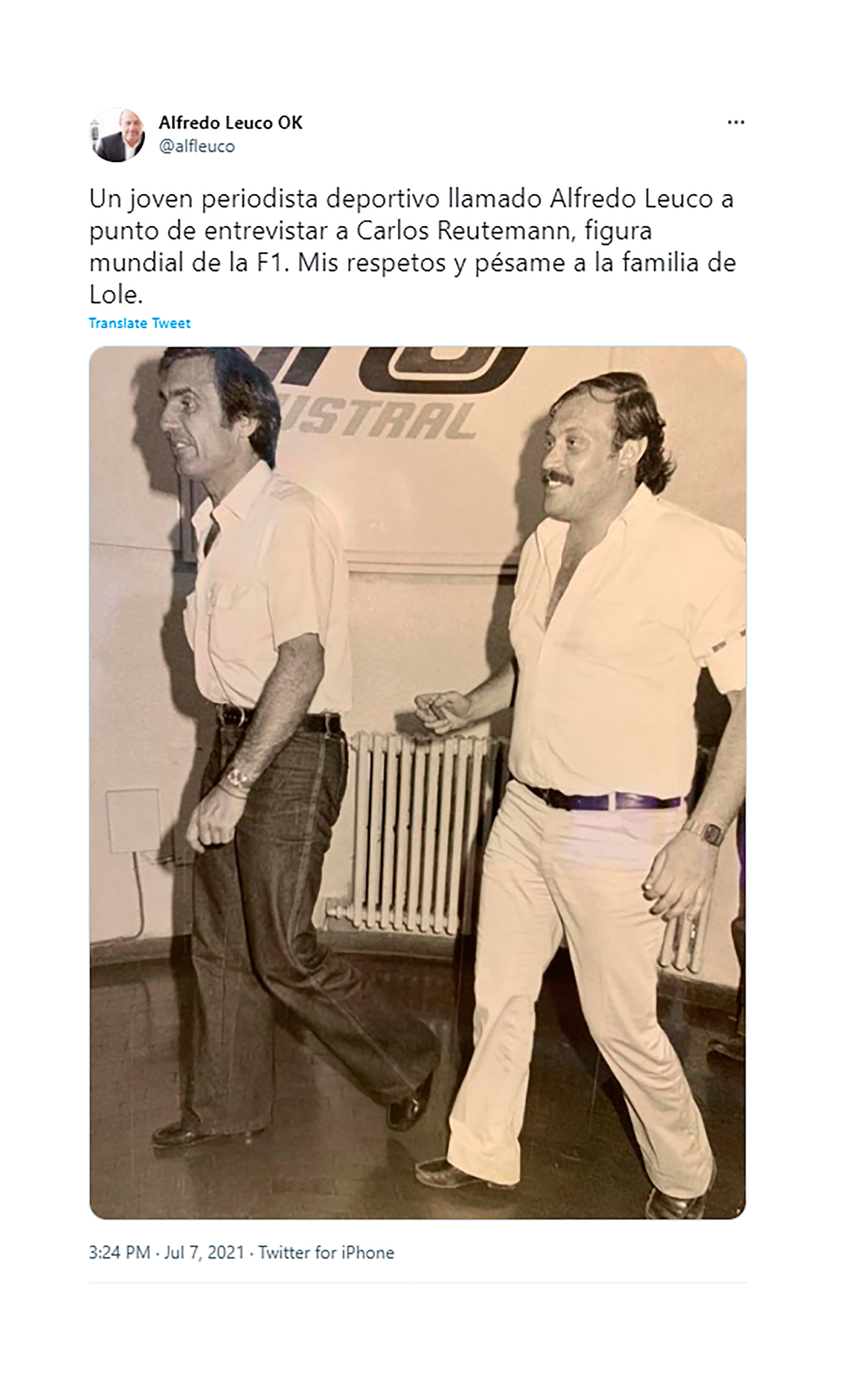 Alfredo Leuco compartió una foto de cuando era un joven periodista a punto de entrevistar a Carlos Reutemann, quien por ese entonces era una de las figuras de la Fórmula 1