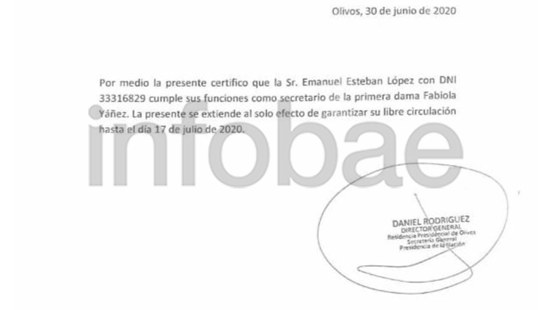 El permiso que utilizaba Emanuel López, uno de los colaboradores de Fabiola Yañez. 