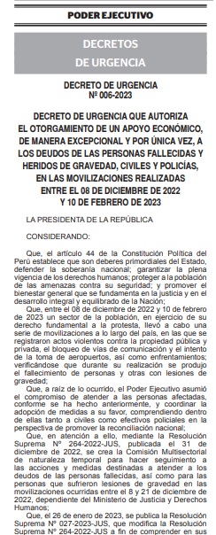 Decreto de urgencia a favor de los deudos de los fallecidos y heridos de las protestas.