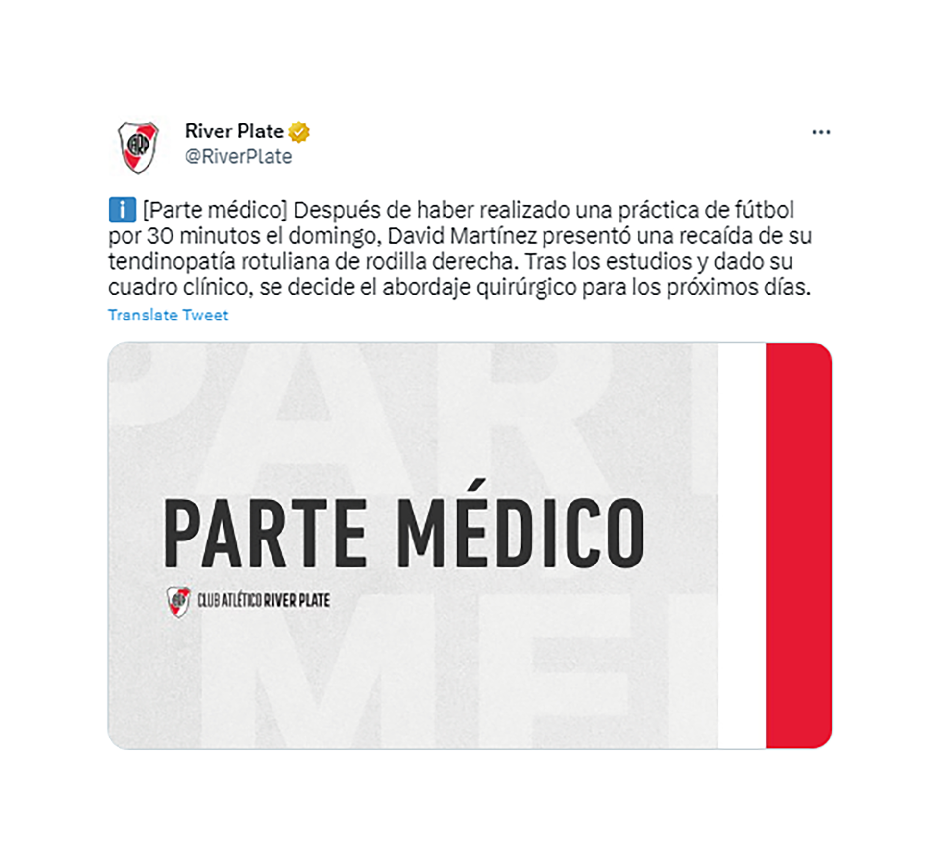 El parte médico difundido por el Millonario