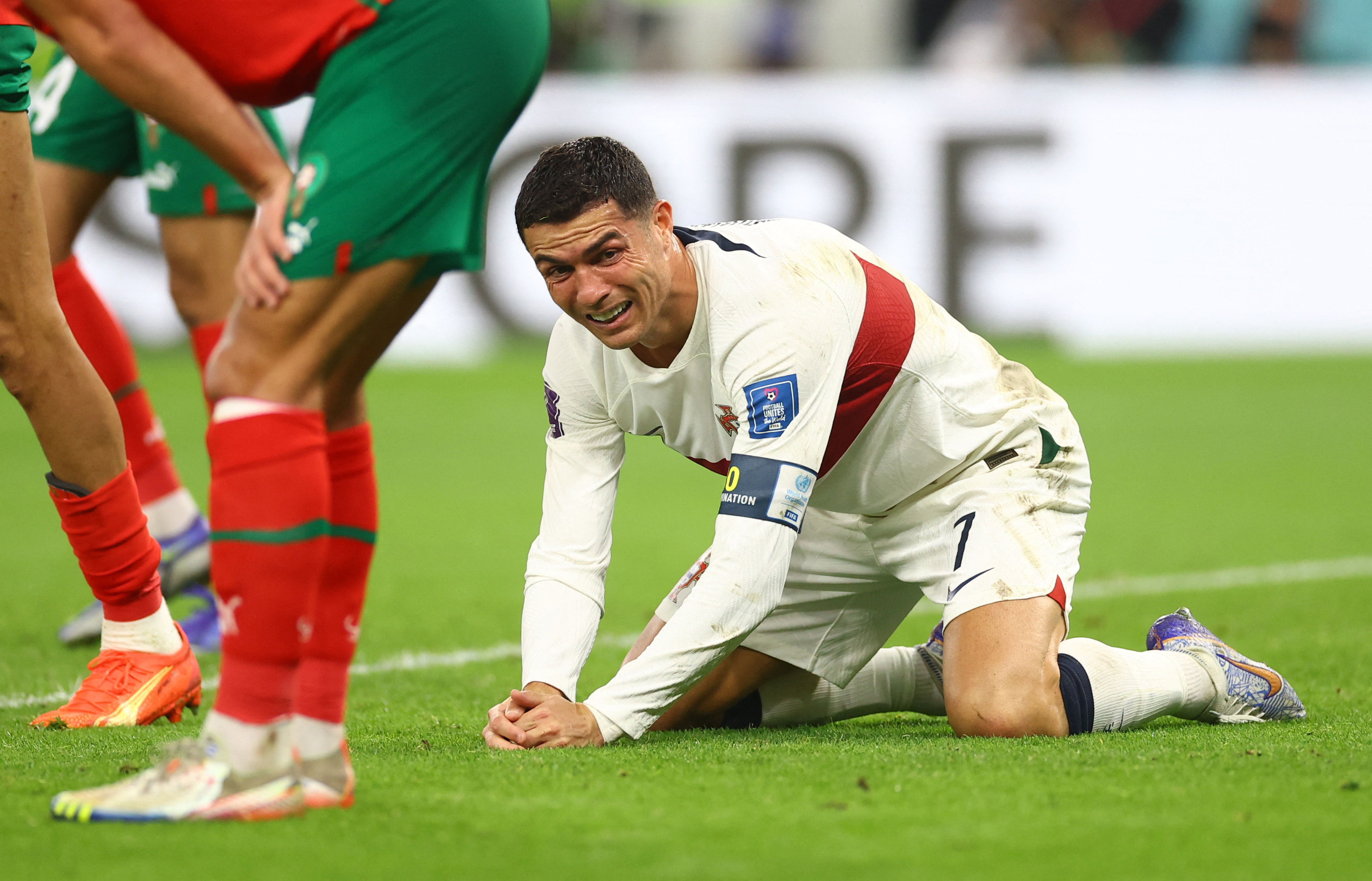 Soccer Football - FIFA World Cup Qatar 2022 - Quarter Final - Morocco v Portugal - Al Thumama Stadium, Doha, Qatar - December 10, 2022 Portugal's Cristiano Ronaldo reacts REUTERS/Carl Recine