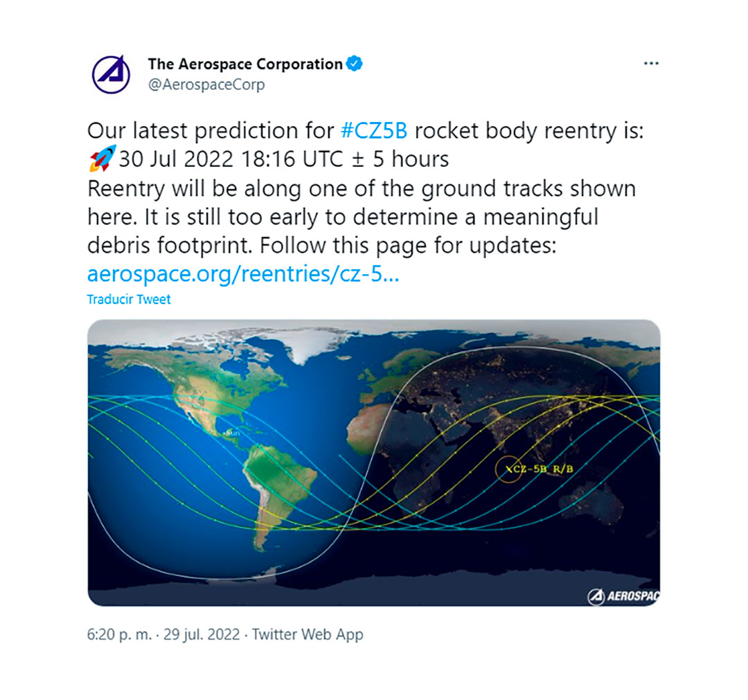 La última predicción para el reingreso del cuerpo del cohete #CZ5B según los expertos. "Todavía es demasiado pronto para determinar una huella de escombros significativa", explican