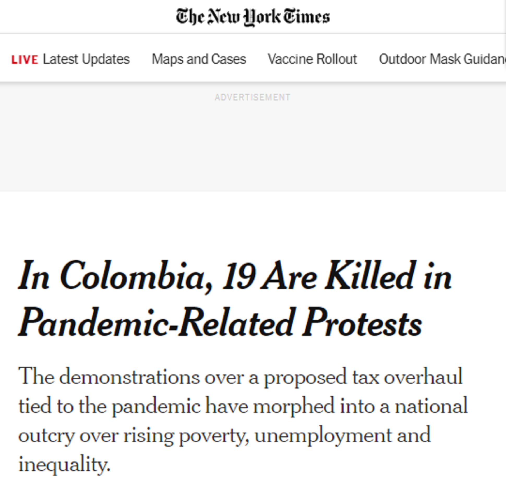 Artículo del NYT sobre las protestas en Colombia. Foto: NYT.