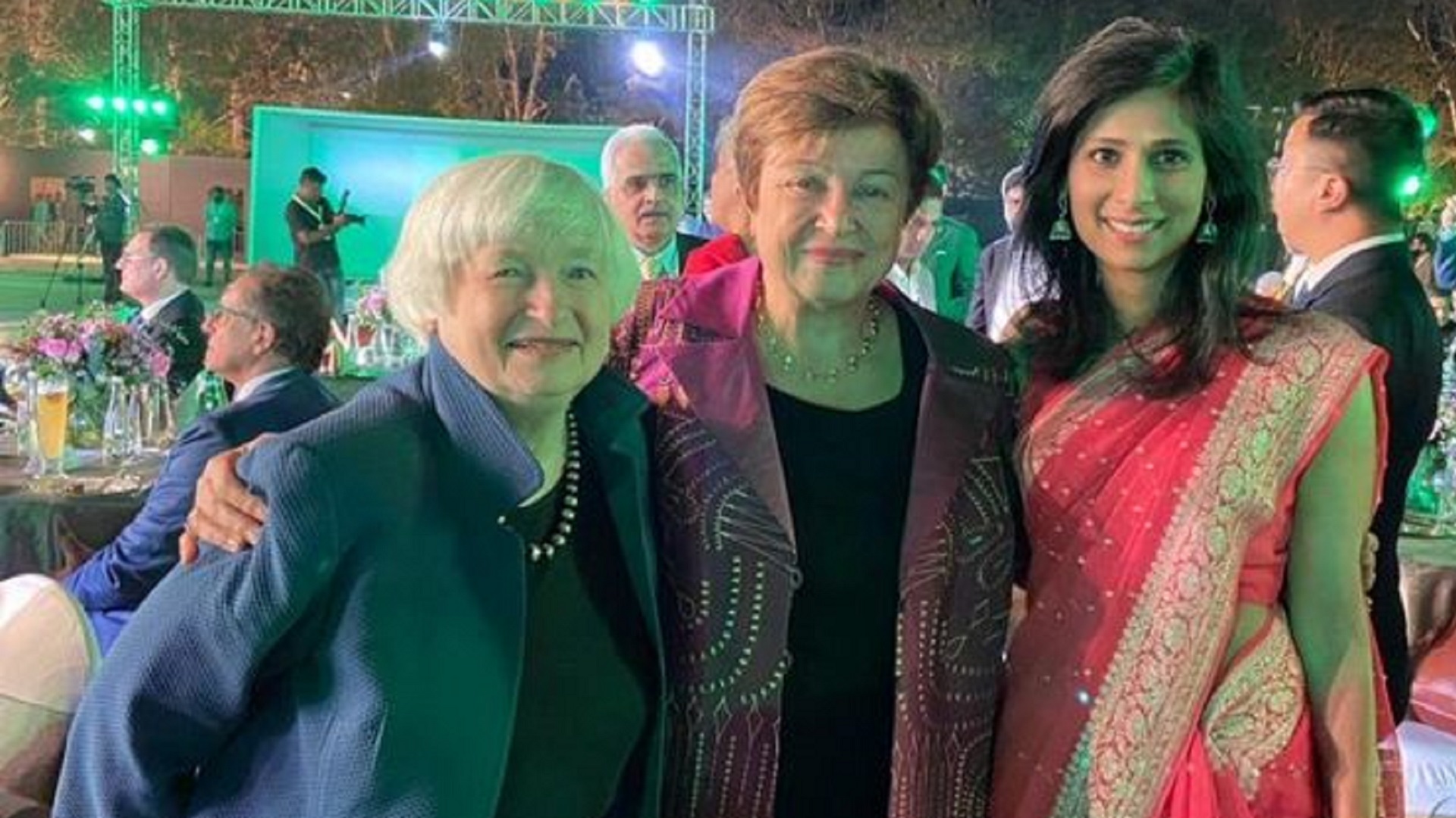 Janet Yellen, secretaria del Tesoro, Kristalina Georgieva, directora gerente del FMI, y Gita Gopinath, vicedirectora gerente del FMI, durante la cumbre del G20 en Bengaluru