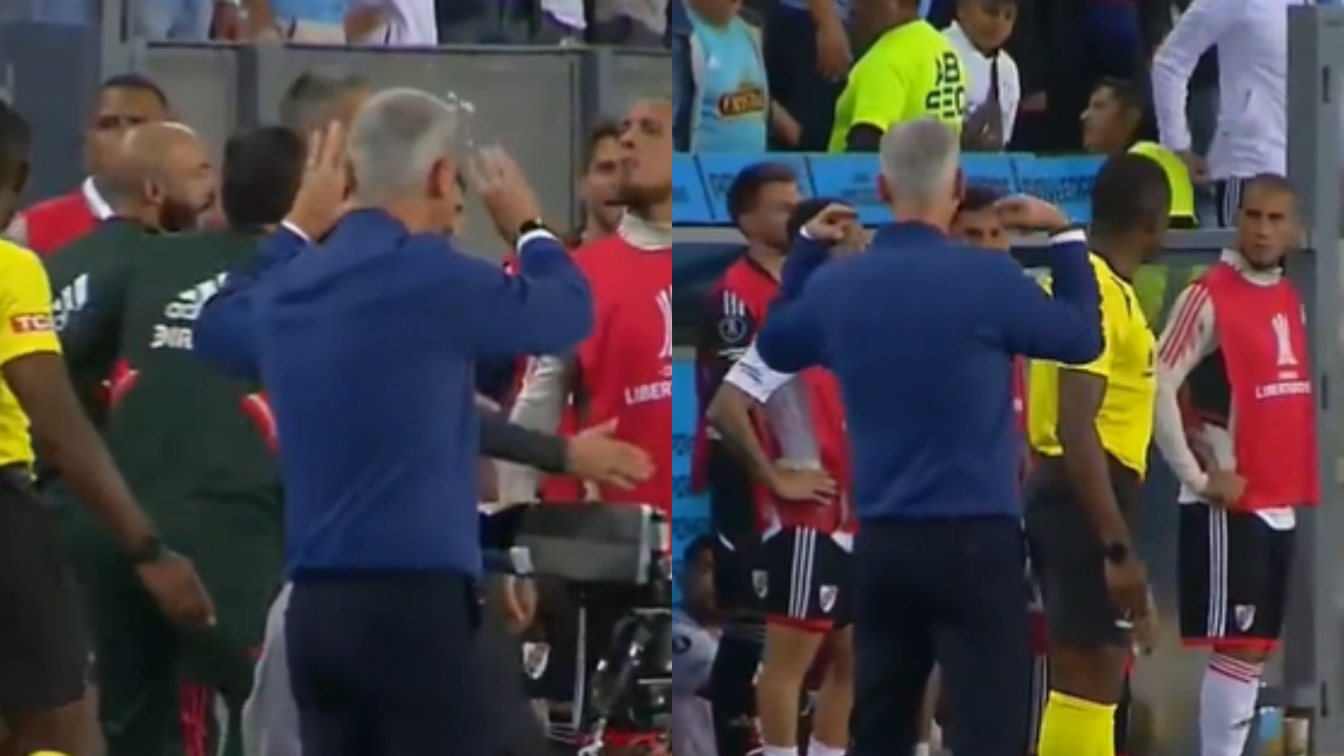Tiago Nunes's gestures to the River bank that caused a fight in a match for the Copa Libertadores.