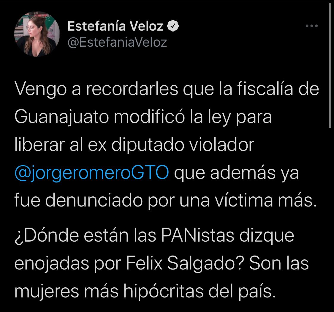 La activista recordó a sus seguidores que la Fiscalía General de Guanajuato modificó la ley para reclasificar el delito de violación a uno menor (Fotos: Twitter/@EstefaniaVeloz)