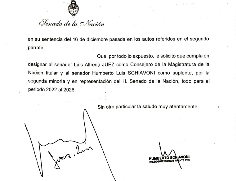 La carta de Humberto Schiavoni enviada a Cristina Kirchner para que designe a Luis Juez en el Consejo de la Magistratura